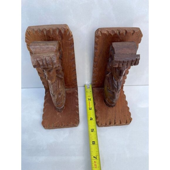 Vintage Bookends Pair Carved Wood Shelf Art Tribal Hand Crafted Brown 4.5x7" - Picture 7 of 11